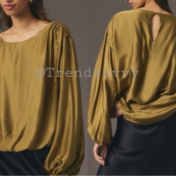 Anthropologie ballon sleeve silky top green  Gold Satin Blouse bohemian size M - Picture 9 of 9